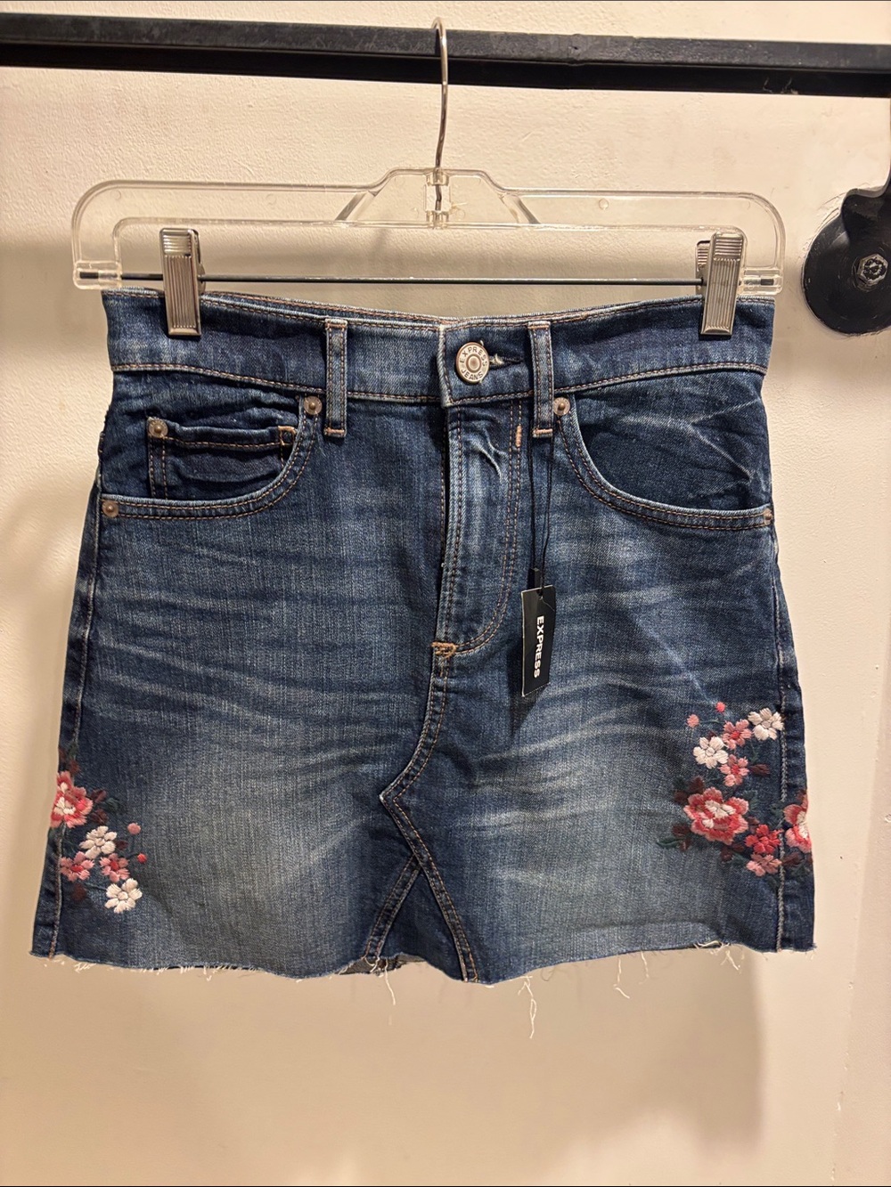 Express Denim Mini Skirt with Pink & White Floral Embroidery